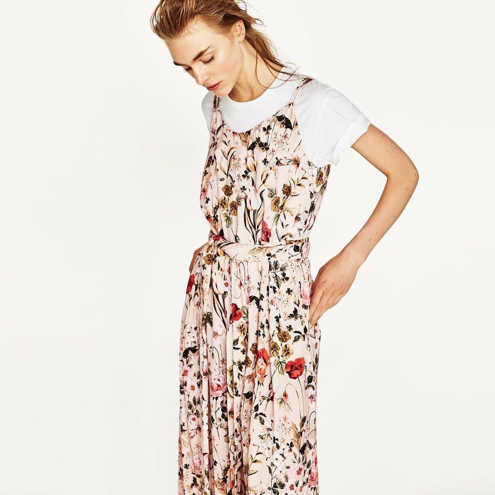 NWT Zara Nude Pink Floral Print Flowy Jumpsuit - Picture 2 of 6